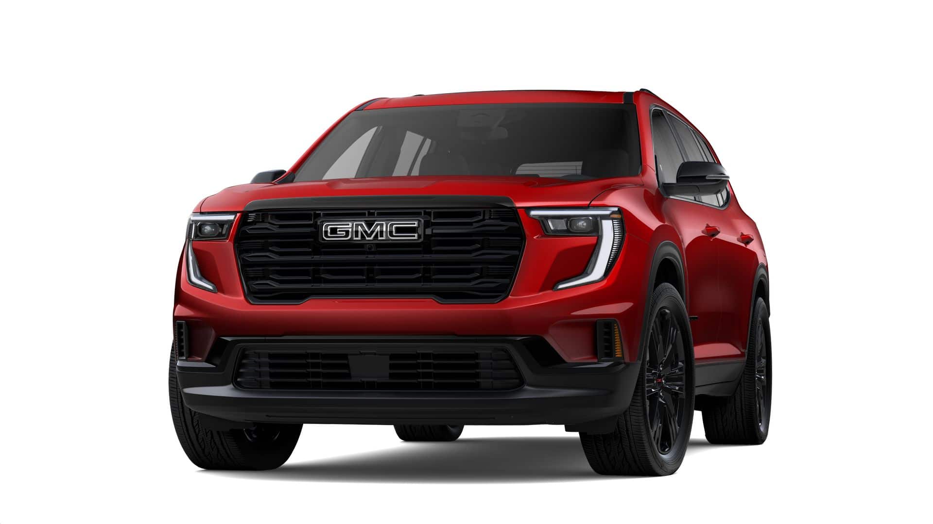 2026 GMC Acadia Elevation in Volcanic Red Tintcoat — front three-quarter view