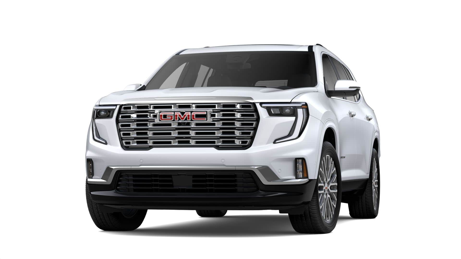 2026 GMC Acadia Denali in Glacier White Tricoat — front three-quarter view