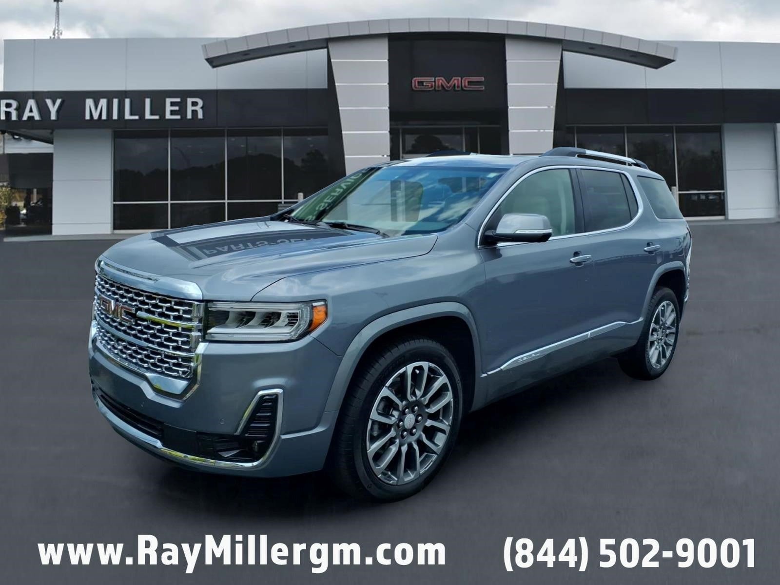 2021 GMC Acadia Denali in Satin Steel Metallic — front three-quarter view