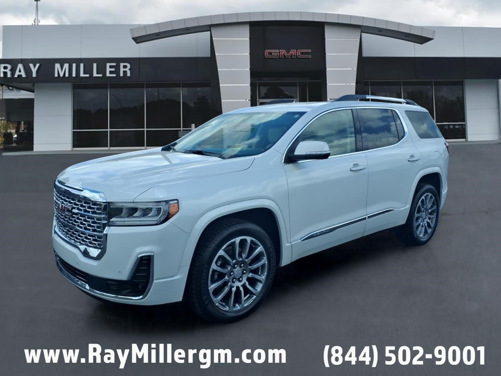 2023 GMC Acadia Denali in White Frost Tricoat — front three-quarter view